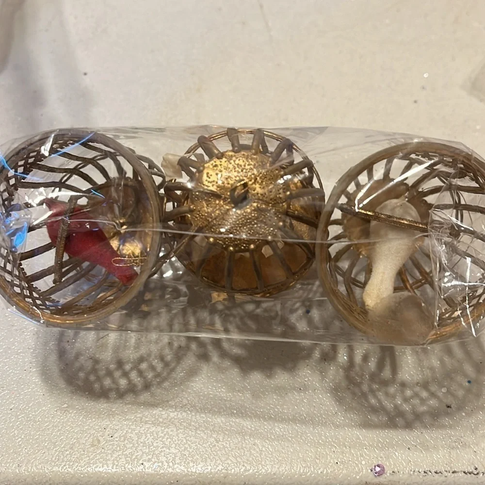 Double Glo MCM Flocked Dove Bird in gold Cage Ornaments VTG Set of 3
